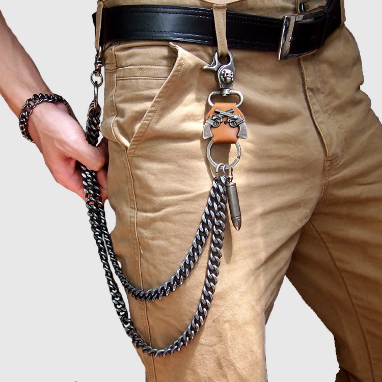 Mens  Top Punk Rock Jeans Pants Trousers Wallet Waist Chain Men's Skull Ghost Head Metal Chains Two Strands Biker Keychain view 2