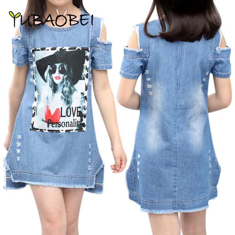 YUBAOBEI Denim Dresses for Girls Children Casual Blue Denim Strapless Dress Summer Teen Fashion Short Sleeve Pattern Frock