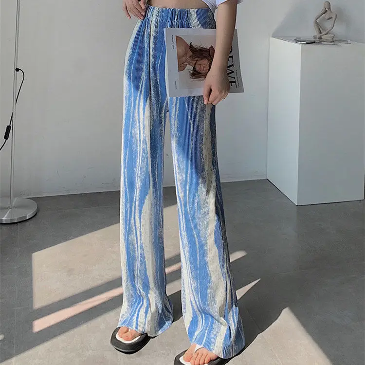 

Chiffon Printed Wide-leg Pants Women's Summer High Waist 2021 New Tie-dye Ice Silk Small Straight Mopping The Floor Trousers