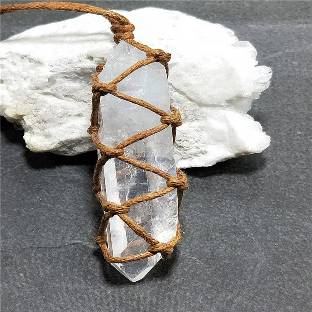 Natural White Amethyst Quartz Crystal Column Pendant Healing Stone Reiki Hangings Craft With Weave Rope