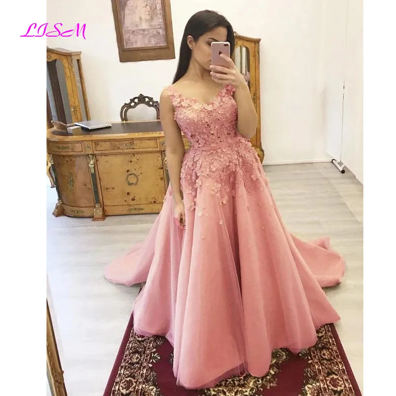 A-Lineลูกไม้AppliquesพรหมชุดVคอเซ็กซี่V-Backlessอย่างเป็นทางการชุดราตรียาวTulle Gowns Vestidos De fiesta