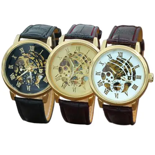 3 Color Men's Fashion Roman Numerals Mechanical Skeleton Hollow Dial Wrist Watch Gift New erkek saati мужские часы Mas culin