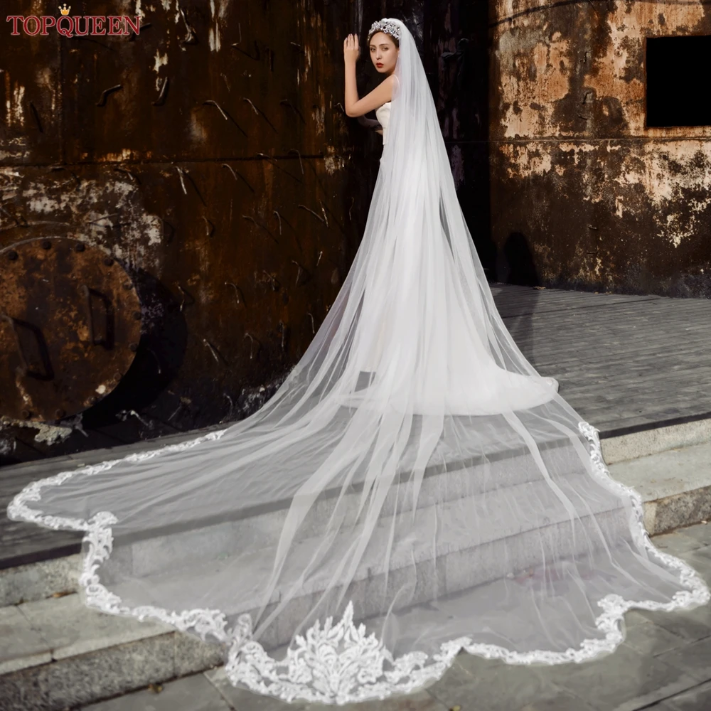 TOPQUEEN V75 velo da sposa lungo 4 metri coperta di pizzo spagnolo veli da sposa cattedrale di nozze velo da sposa reale Extra lungo Veu