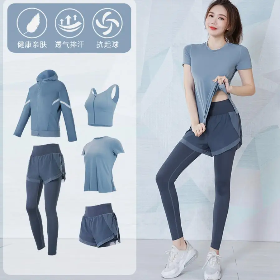 Fitness Gym Suits Women Yoga Set Running Coats+T Shirt+Bra+Pants+Shorts Outdoor Sportswear Clothing Sports Sets