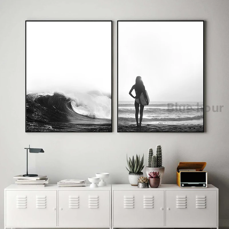 Black and White Palm Tree Beach Landscape Photography Poster Canvas Painting Surf Coastal Wall Art Prints Living Room Home Decor