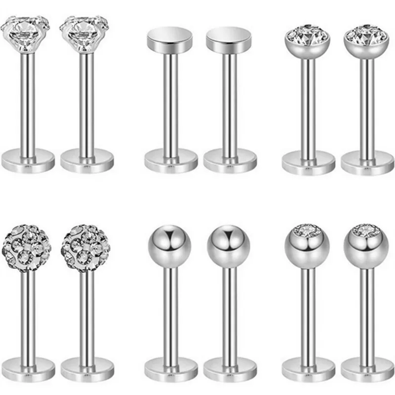 12PCS Stainless Steel Labret Piercing 16G Lip Ring Crystal Lip Helix Piercing Tragus Earring Cartilage Stud Body Pircing Jewelry