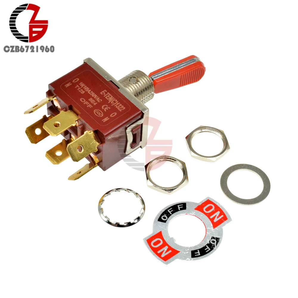 E-TEN(C) 1322 Red Shaft Toggle Switch 31.5*19.5MM Red 6Pin On-Off-On Switch Silver Contactor 250V 16A for Car Speaker PC