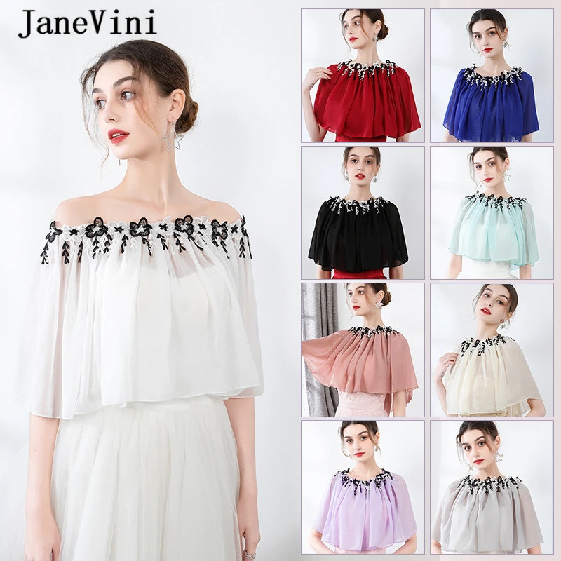 

JaneVini Elegant 13 Colors Women Shrug Bridal Shawls Wraps Off Shoulder Lace Appliques Summer Chiffon Evening Party Dress Bolero