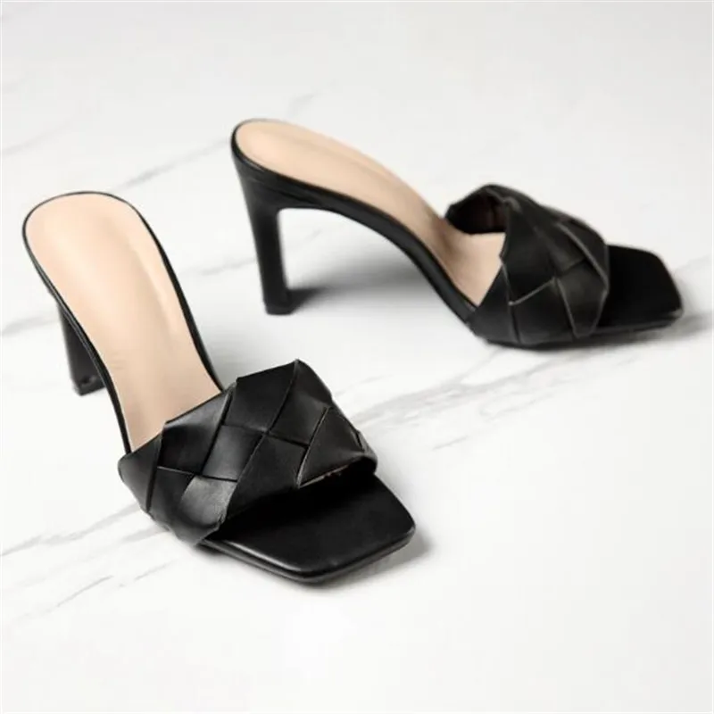 NEW Sexy PU diamond Square head Peep Toe High Heel Slippers Summer Fashion Slip On Thin Heels Slides Women Mules Party