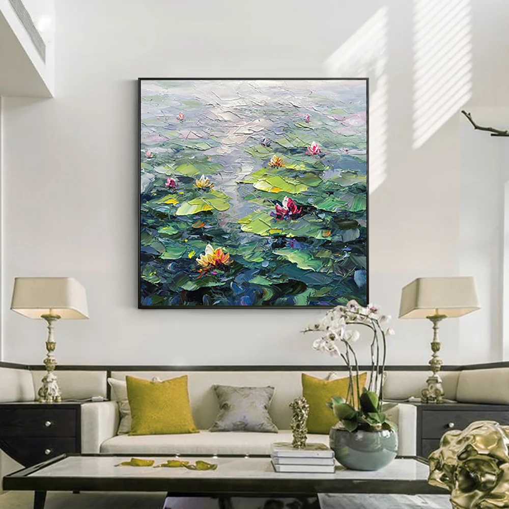 Handmade Wall Art Home Decor Picture Lotus Oil Painting  Abstract Tick Oil On Canvas Flower Murale Modern Decoration Painting