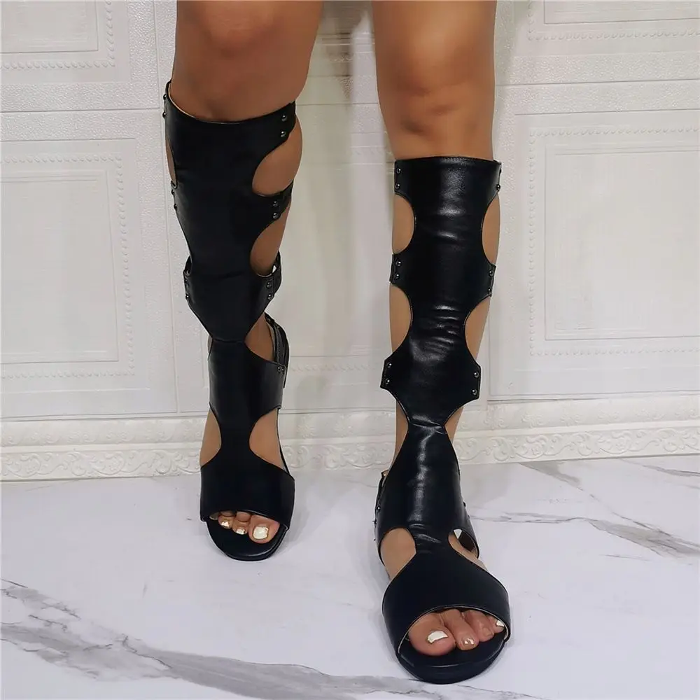 Real Photo Classic Design Gladiator Summer Sandals Women Knee High Boots Ladies Cut Outs Black leather Dress Shoes Woman Size 47