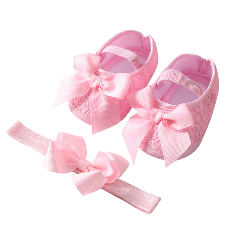 

2Pcs/Set Baywell Autumn Baby Girl Bowknot Princess Shoes With Headband Satin Cloth Toddler Soft Sole Walking Shoes