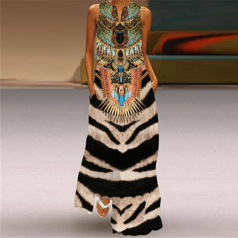 Retro Print damska Sundress 2023 moda letnia seksowna dekolt w serek długa sukienka bez rękawów z kieszenią europejski styl Maxi sukienka Vestido