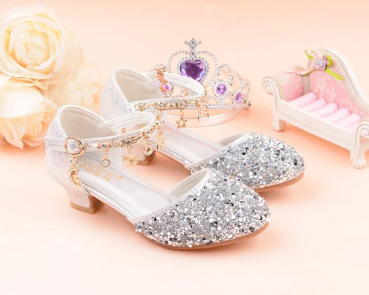 Kids Princess Girls Sandals Glitter Shiny Rhinestone Butterfly Student Party Dance Shoes  Children Summer High Heel