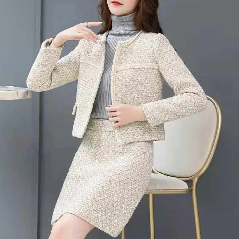 

Woman Tweed Jacket and Skirt Outfit Suit Set O-neck Ins Elegant Fashion Office Lady Business Chic Formal Desinger Vintage