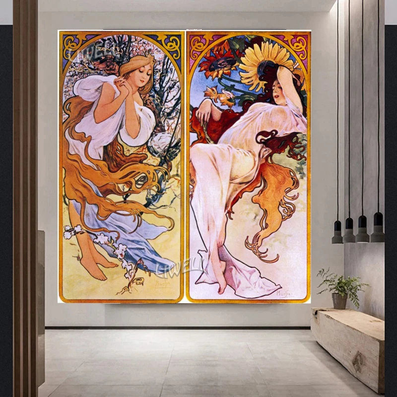 Diy Handwork Classical Diamond Painting Alphonse Maria Mucha Four Season Series Poster Art Full Drills Cross Stitch Home Decor