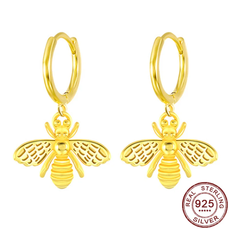 Insect Bee Drop Earrings 925 Sterling Silver Honeybee Animal Personality Small Hoop Earrings Gold Color Ear Jewelry Women Gifts