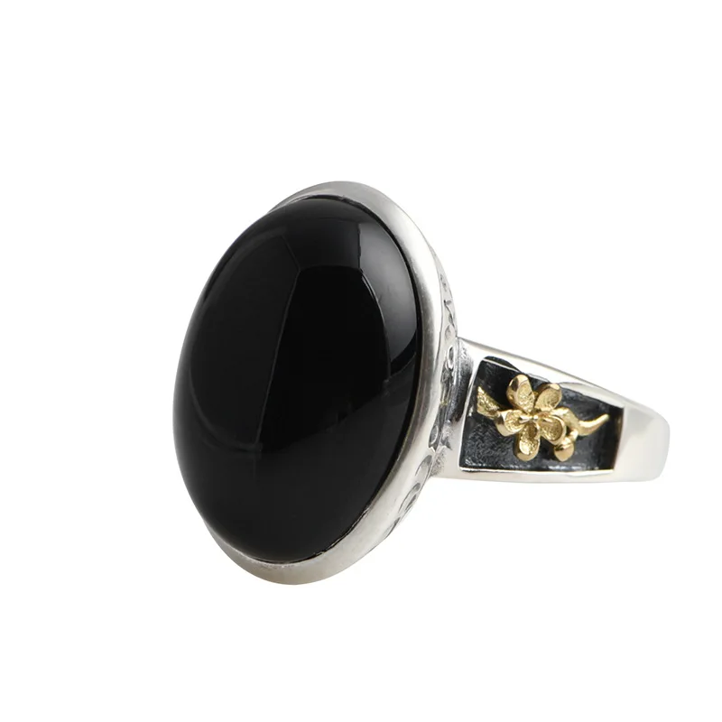 

National standard S925 sterling silver retro fashion hammer pattern design black agate silver ring for women