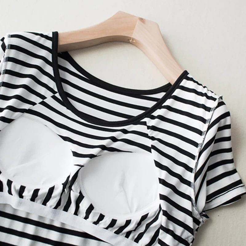 Built in Bra Sleep Shirts Women Loose fit Short Sleeve Striped Modal Sleep Wear Summer Padded Bra Breathable Lounge Lingerie image 4