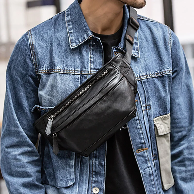 

Men's messenger bag ins super fire chest bag leather waist bag shoulder bag casual first layer leather small shoulder bag tide