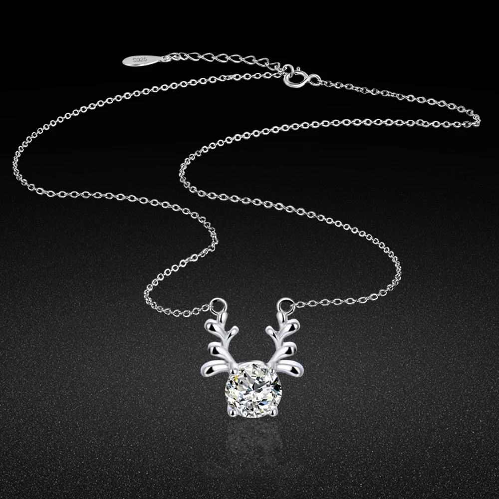 Cute Antler Pendant Necklace Women's/Girls' 925 Sterling Silver Cubic Zircon Design Jewelry Adorable Birthday Gift Accessory
