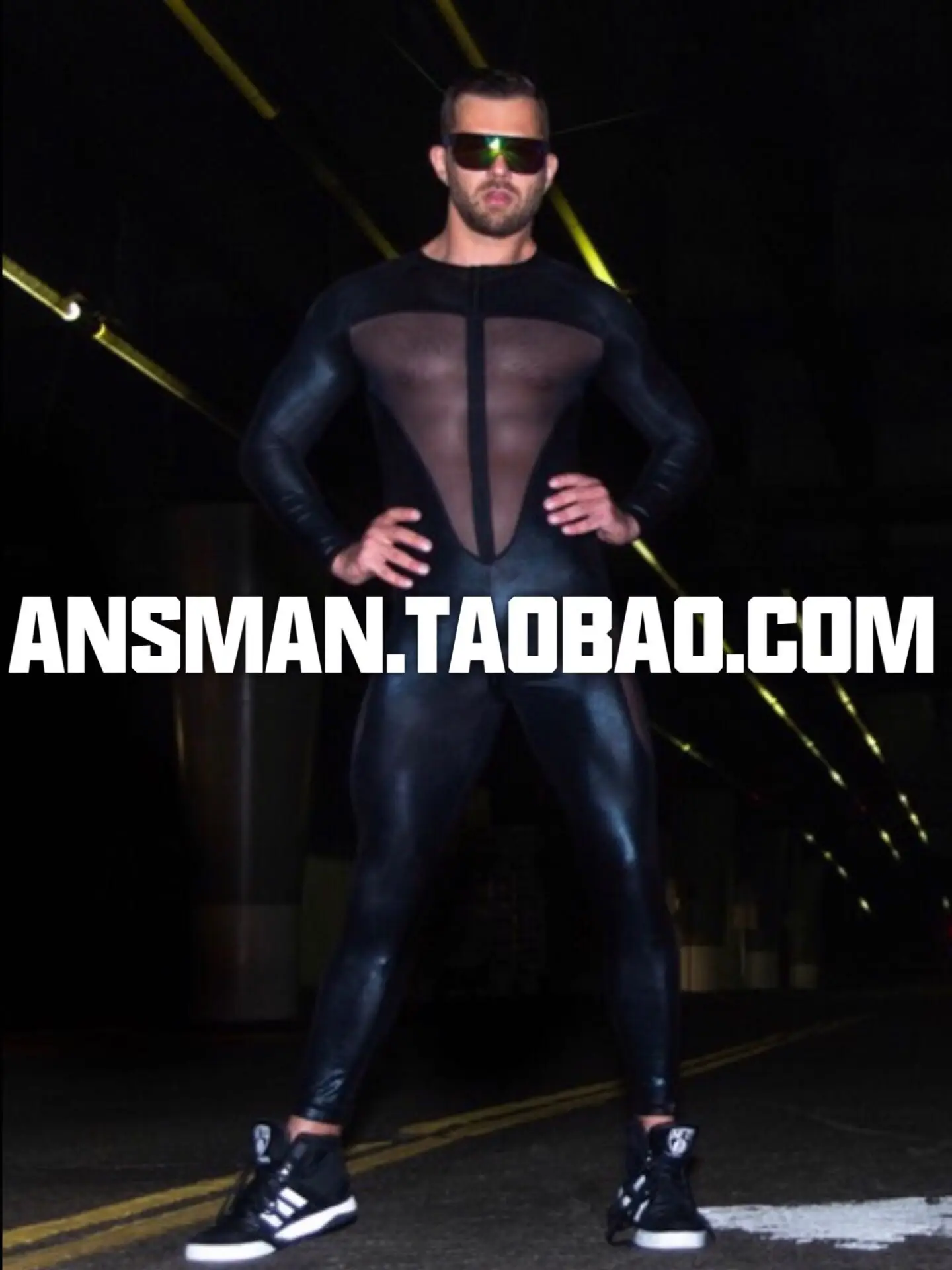 

Bar nightclub men man singer gay black fetish mesh see-through jumpsuit party costume