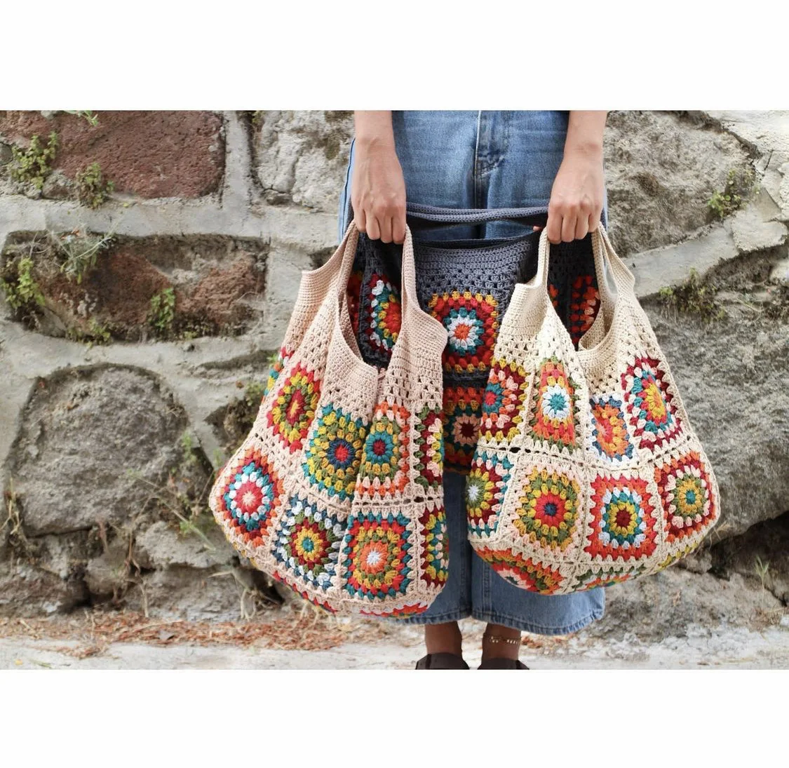 Light Color Granny Square Crochet Handbags Boho Chic Vintage Hippie Women Bag Cute Purses With High-Capacity DIY Kintting