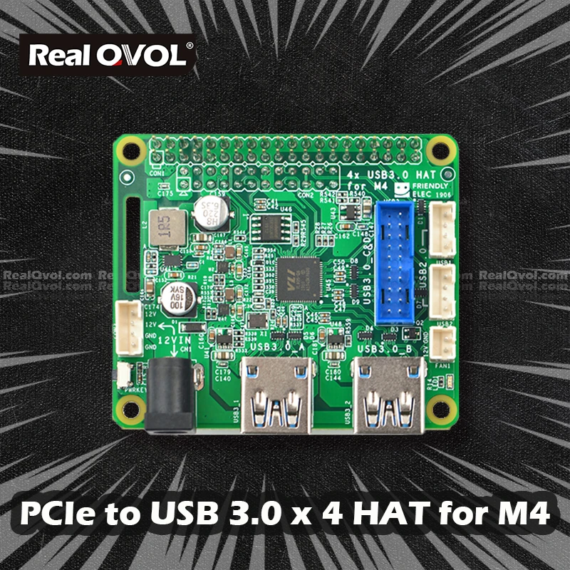 RealQvol FriendlyELEC PCIe To USB 3.0 x 4 HAT for M4 Power/Fan Interface 40-PIN connector are populated USB3.0 Extension Board