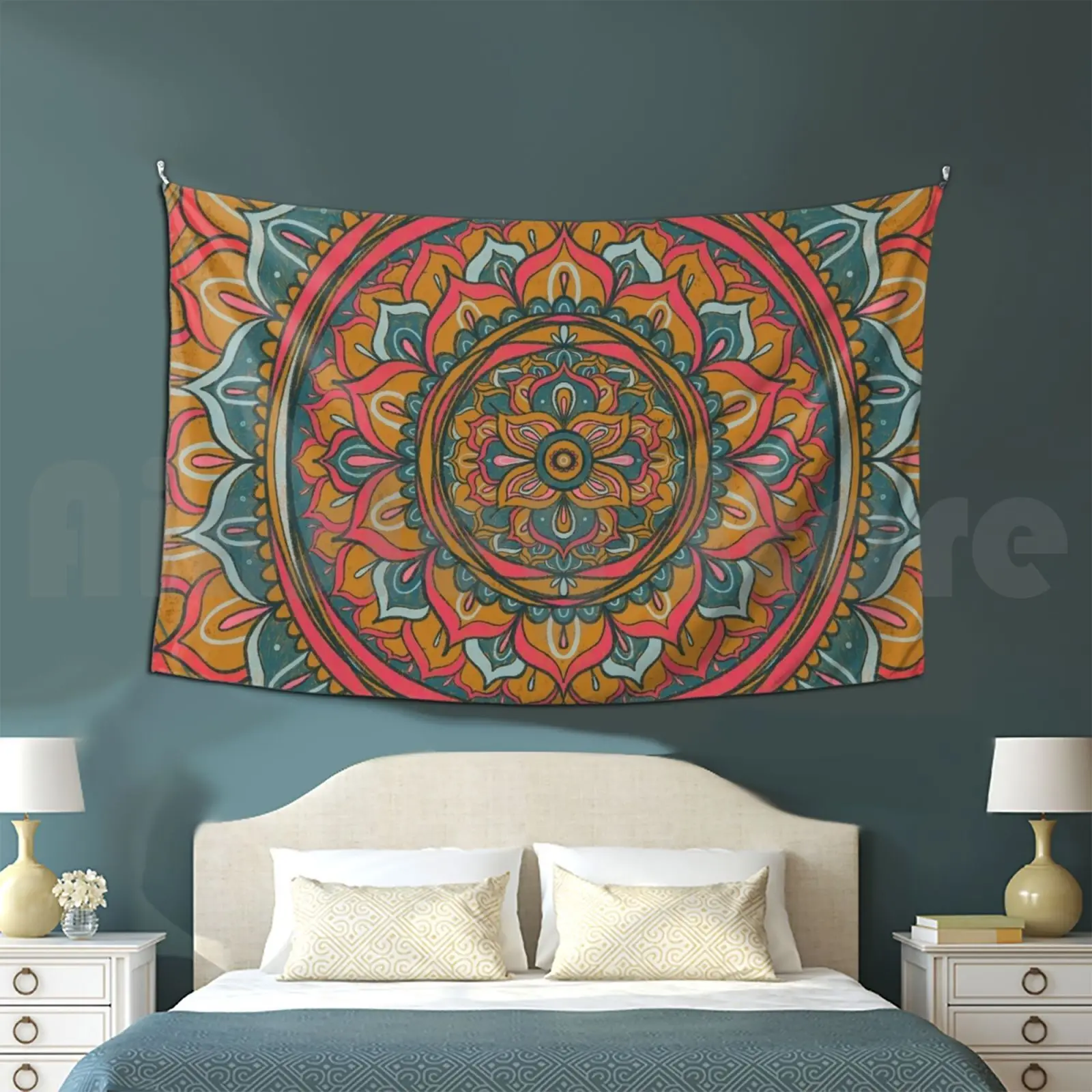 Elektryczna Mandala, żółta, gobelin, salon, sypialnia, Retro, żółta, turkusowa, indyjska, elektryczna Mandala