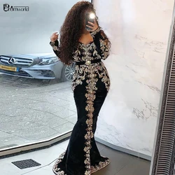 Moroccan Caftan Black Mermaid Prom Evening Dress Long Sleeves ROBES DE SOIRÉE Embroidery Velvet Dubai Arabic Muslim Formal Gowns