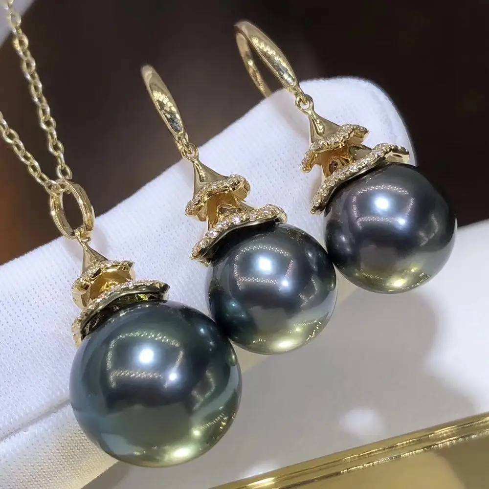 

D729 Pearl Set Fine Jewelry Solid 18K Gold Round 10-12mm Nature Sea Water Peacock Green Black Tahiti Pearls Jewelry Sets