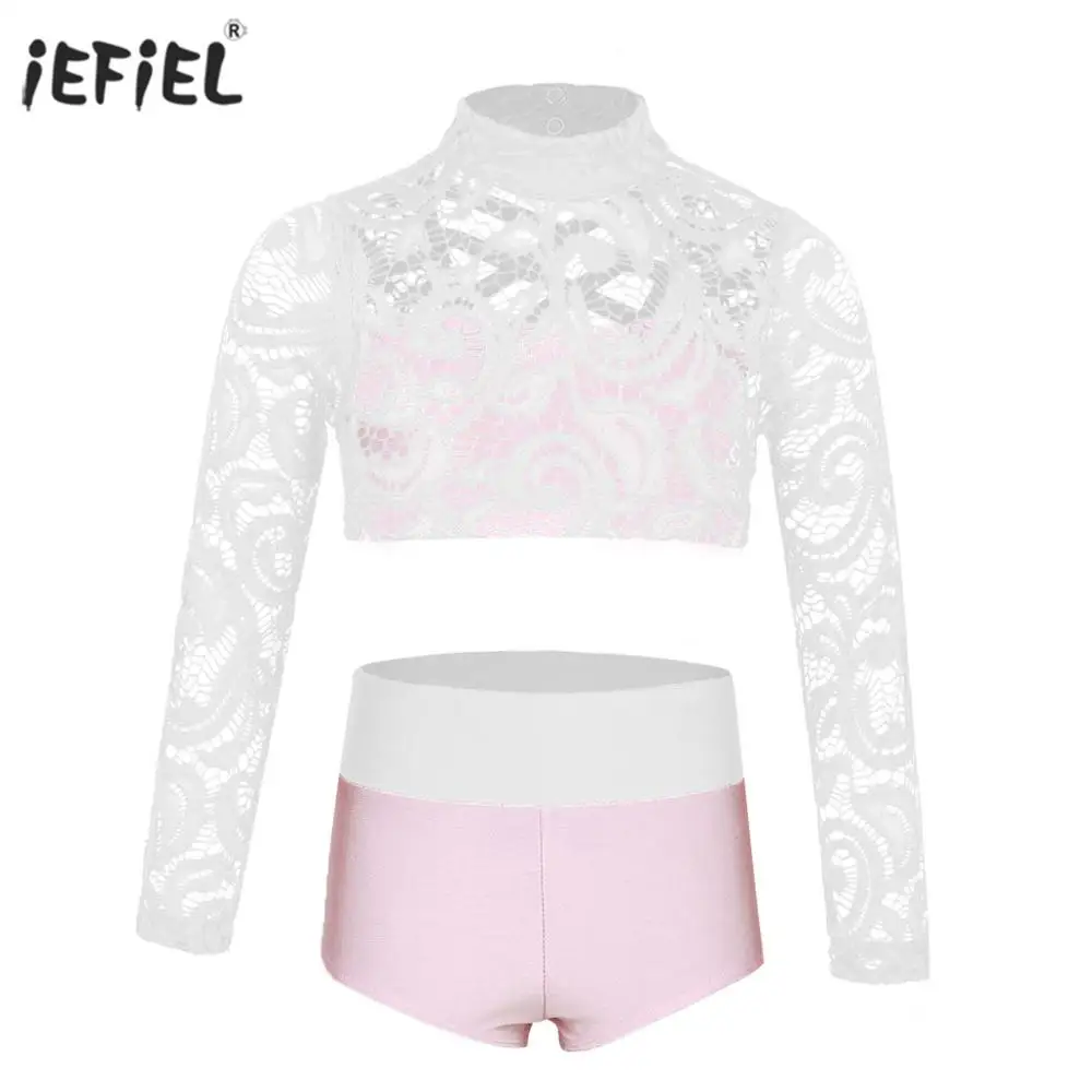 

Girls Dance Costumes Mock Neck Floral Lace Crop Tops with Briefs Kids Clothes Dancewear for Girls Ballet Gymnastics Leotard