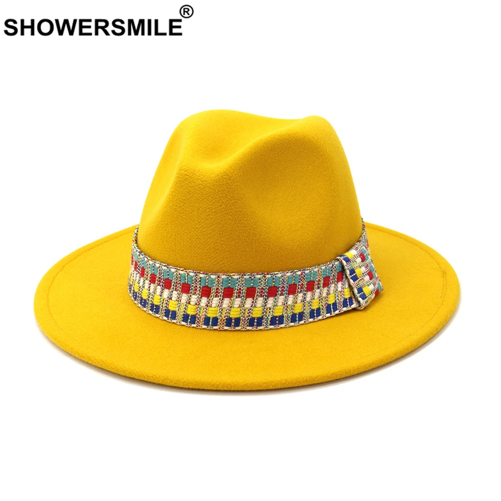 SHOWERSMILE Red Fedora Hat Winter Panama Hat Women Elegant Ladies Felt Caps Vintage Autumn WInter Trilby Hat Wide Brim Fedora