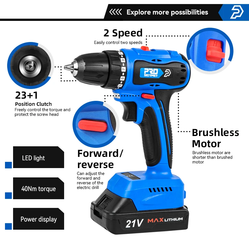 21V Brushless Electric Drill 40NM Cordless Driller Driver Screwdriver Li-ion Battery Electric Power Drill By PROSTORMER