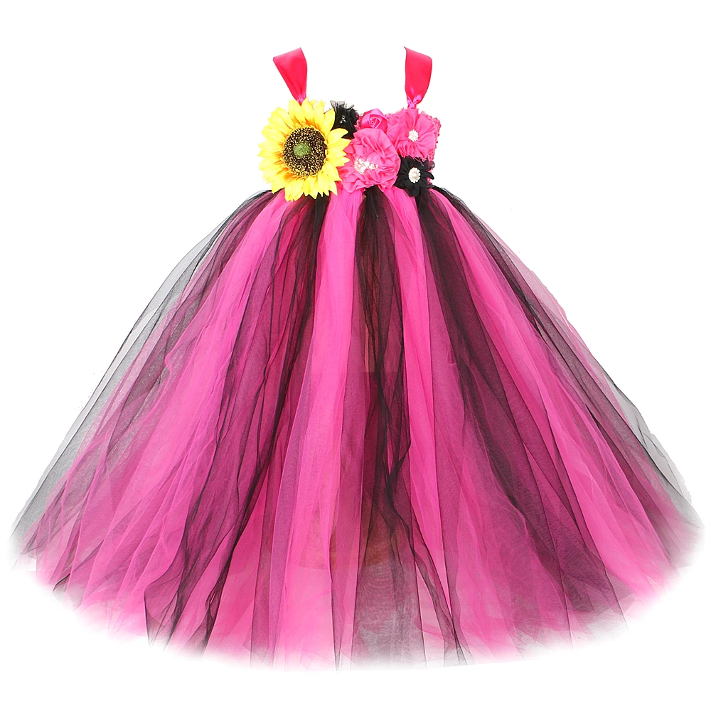 

Hot Pink Black Flower Girl Dresses for Wedding Kids Girl Bridesmaid Long Tutu Dress Ball Gown Children Halloween Party Costumes