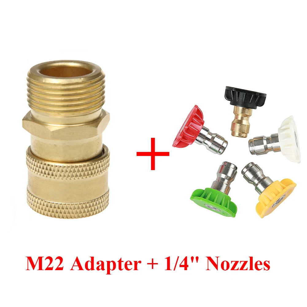 

High Pressure Washer Brass Connector M22 Male Adapter 1/4" Female Car Washer Quick Connection Adapter With 5 Washing Nozzles