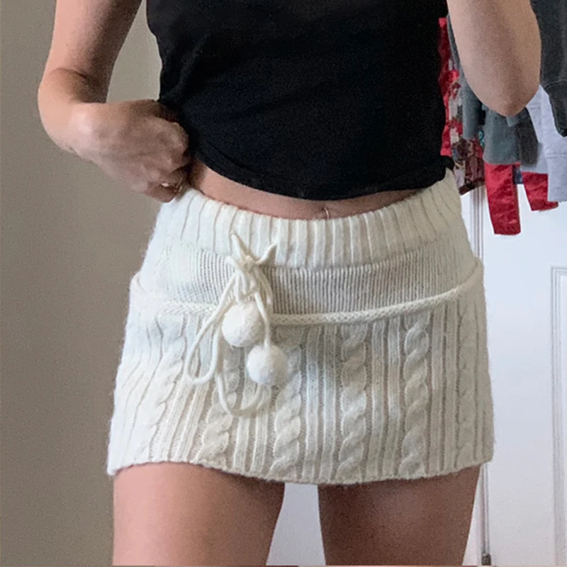 

Knitted Sweater Low Waist Skirt Y2K Vintage Emo Fashion Autumn Hot Kawaii Drawstring 2000s Aesthetic Mini Skirts Female