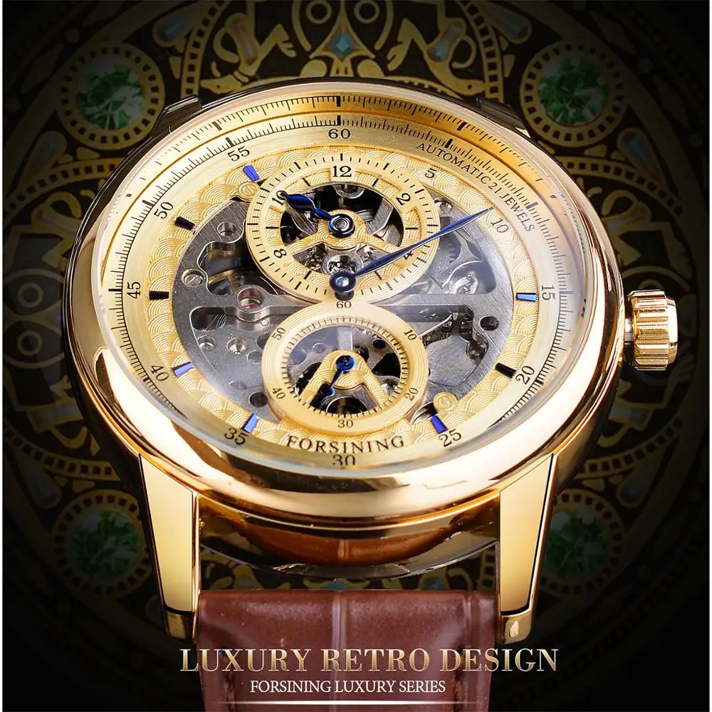 Forsining Golden Skeleton Dial Automatic Watch Brown Genuine Leather Band Waterproof Luxury Top Brand Business Mechanical Watch