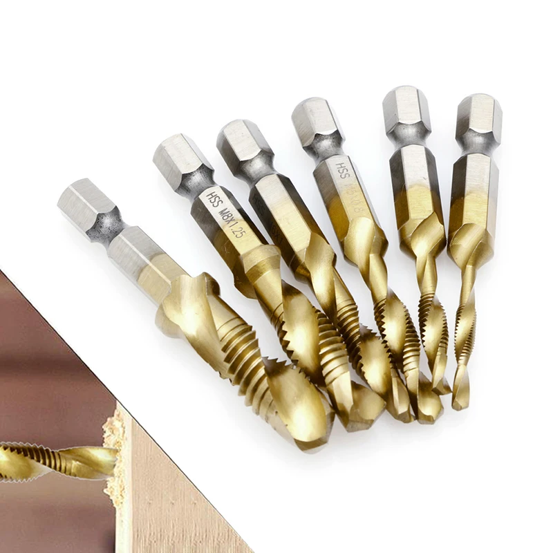 6Pcs Hex Shank Titanium Plated HSS Screw Thread Metric Tap Drill Bits Screw Machine Compound tap M3 M4 M5 M6 M8 M10 Hand Tools