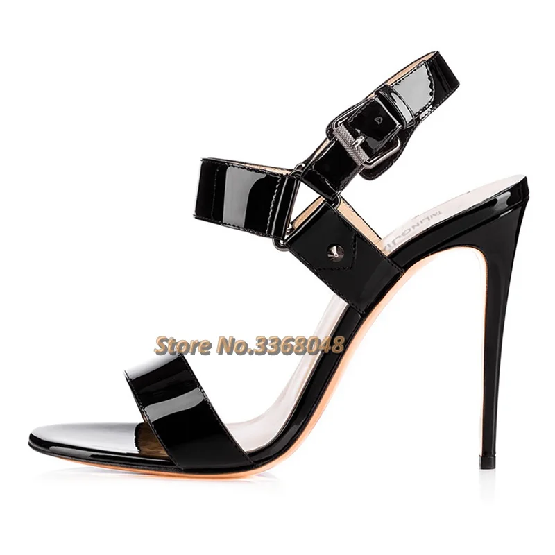 Stiletto Heels Summer Sandals Round Toe Ankle Buckle Open Toe Patent Leather Candy Color Women Shoes High Heels Sandals