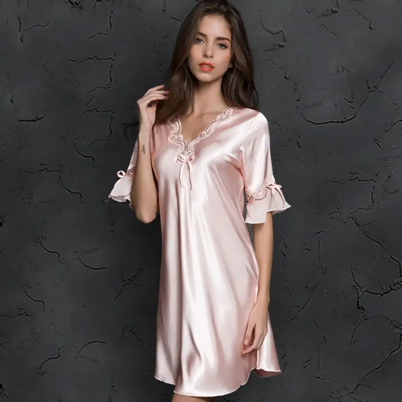 Fdfklak Musim Panas Wanita Baju Tidur Nightie Seksi Sutra Baju Tidur Wanita Plus Ukuran Wanita Baju Tidur Negligees Ukuran Besar M-XXL E0851