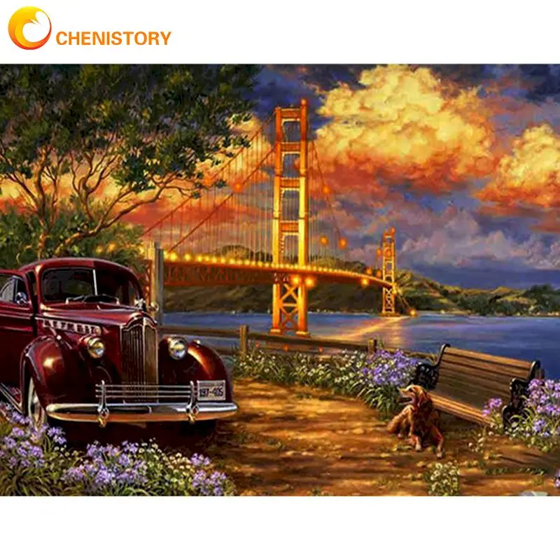 CHENISTORY Framed 60x75cm Oil Painting By Numbers Kits Car On Bridge Landscape Picture By Number Acrylic Canvas Hand Made Art