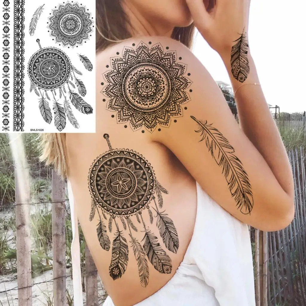 Black Henna Moon Temporary Tattoos For Women Adults Realistic Elephant Snake Whale Feather Fake Tattoo Sticker Body Arm Tatoos