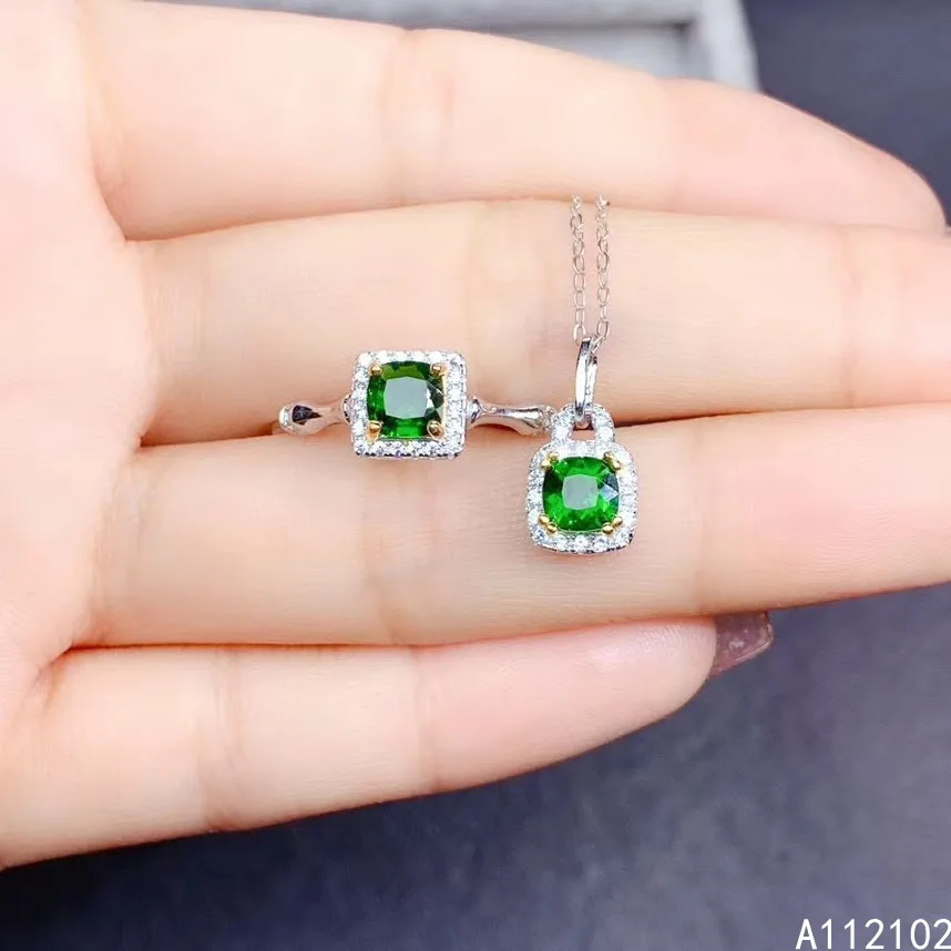 

KJJEAXCMY fine jewelry 925 sterling silver inlaid natural diopside Women's trendy Chinese style round ring pendant set support d