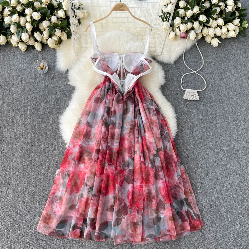 2021 New Summer Women Sexy Corset Strap Dress High Quality Flowers Print Multi-layer Mesh Big Hem Party Long Dress