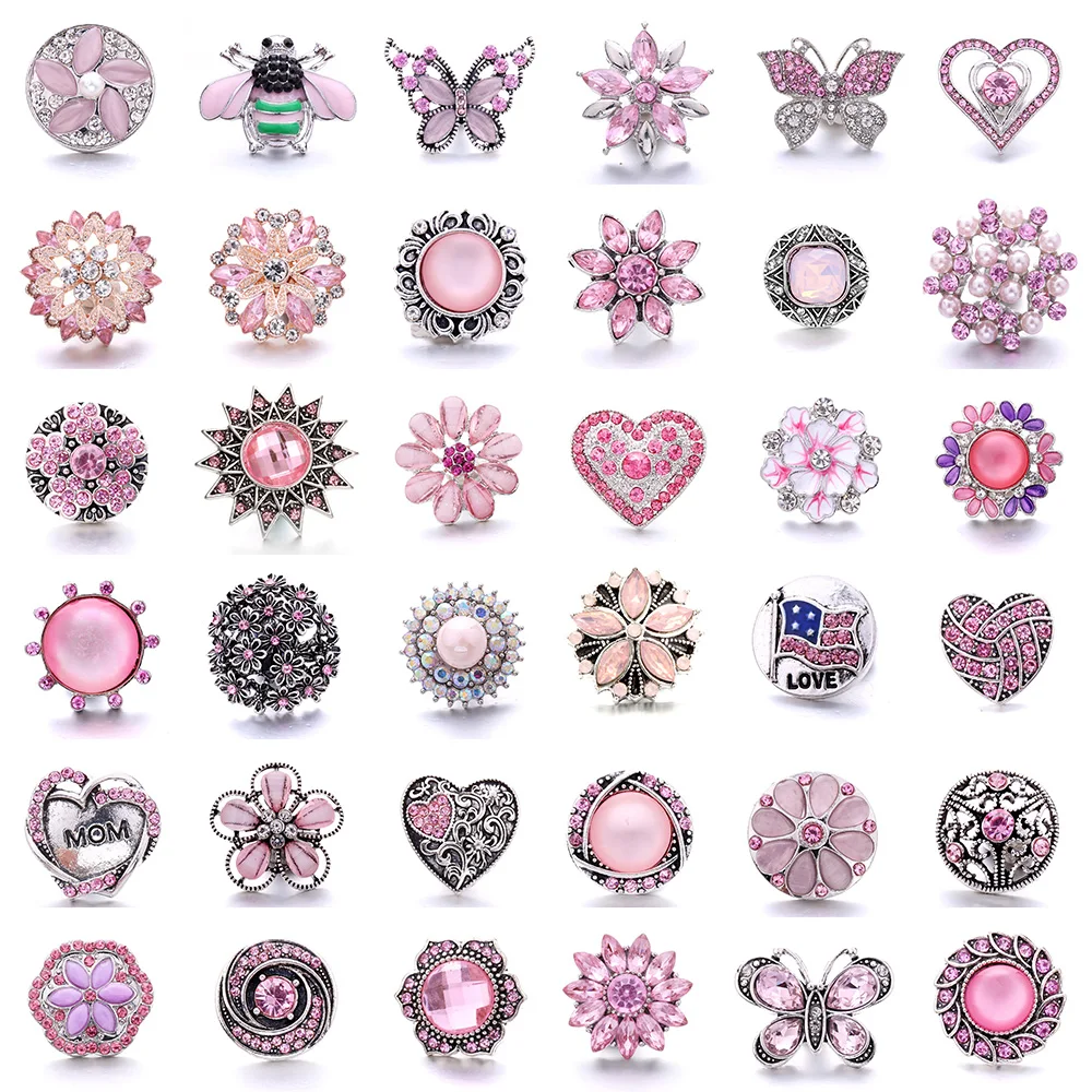 

5pcs/lot Hot Sale Snaps Jewelry Pink Rhinestone Flower Heart 18mm Metal Snap Buttons Fit Metal Snap Bracelet Necklace Jewelry