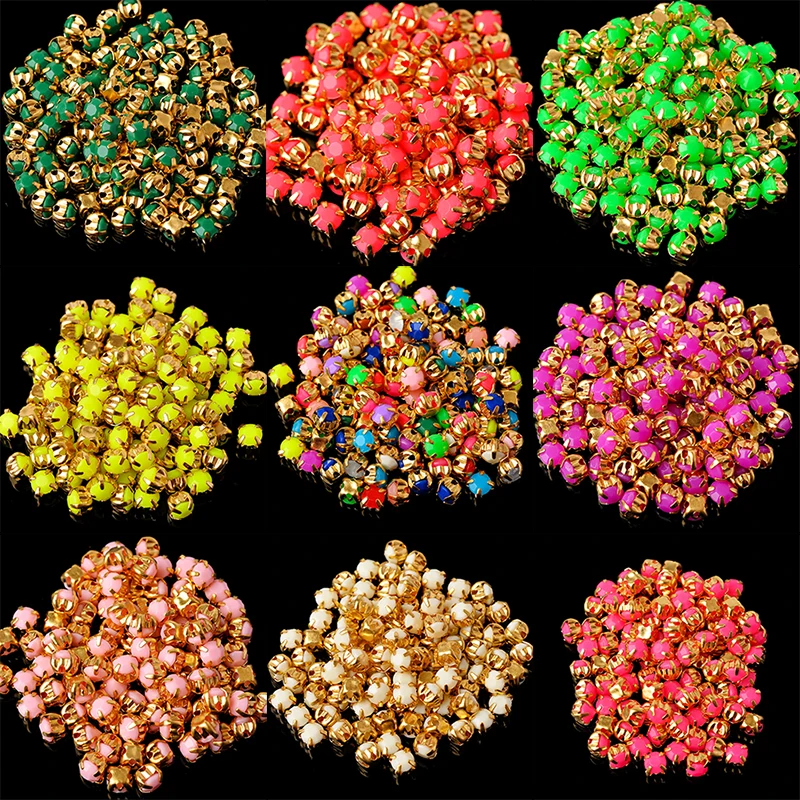 100pcs/Pack 4mm Gold 4 Claw Button Round Shapes Jelly Candy Color Sew On Resin Stones Rhinestones DIY Clothes &Accessories Parts