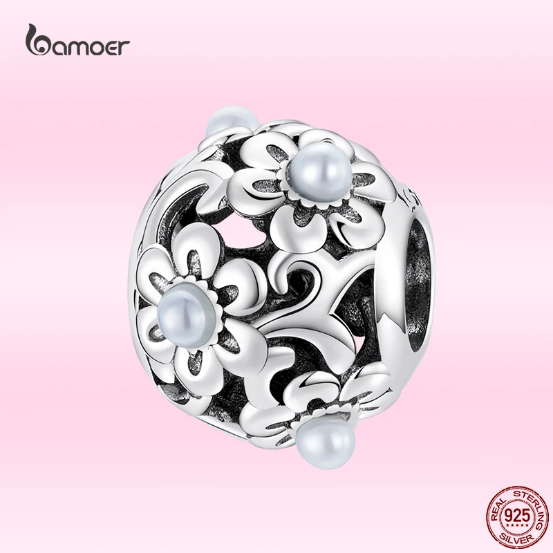 

Bamoer Classic 925 Sterling Silver Vintage Flower Pattern Beaded Charm Female Original DIY Bracelet Bangle Jewelry Gift for Girl