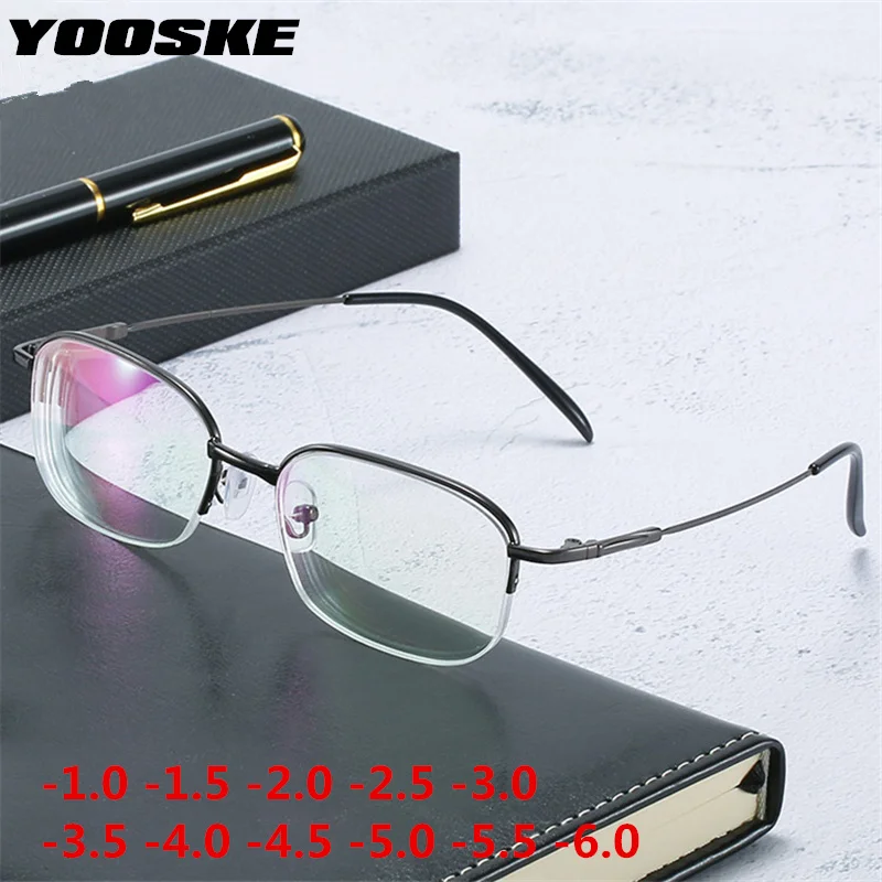 YOOSKE -1.0 1.5 2.0 3.0 To -6 Finished Myopia Glasses Men Business Half Frame Shortsight Eyewear Unisex Nearsighted Eyeglasses