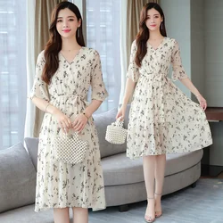 2024 New Elegant Apricot Floral Chiffon Midi Dress Spring Summer Print Vintage Runway Dress Women Bodycon Party Evening Vestidos